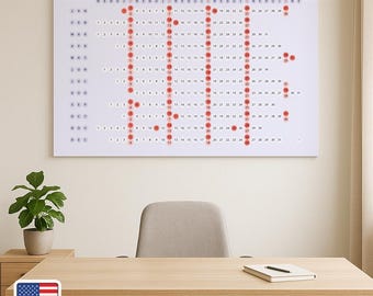 May include: A large wall calendar featuring a white background with black text for months and days of the week. The calendar displays the year 2020 in the top left corner. Dates are arranged in horizontal rows with specific days highlighted in red.