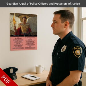 May include: A framed print featuring an angel holding a flaming sword, with text that reads "Guardian Angel of Police Officers and Protectors of Justice." The print is displayed on a wall, with a police officer in uniform standing nearby.