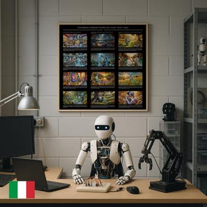 May include: A white and black robot sits at a desk with a laptop, mouse, and circuit board. A black robotic arm is to the right. A framed poster with illustrations hangs on the wall. The poster has text at the top and multiple images below.