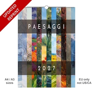 May include: A wall calendar titled PAESAGGI 2027 featuring a vertical collage of colorful landscape paintings. The design includes a red diagonal banner in the top left corner with the text UPDATED REPRINT and text indicating A4 / A3 sizes.