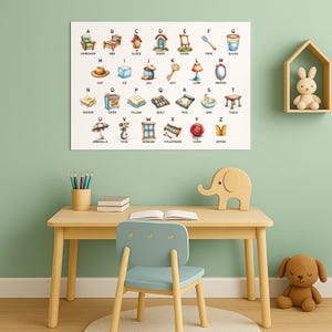 May include: A children's educational poster featuring the alphabet with corresponding illustrations. The poster is displayed above a light wood desk with a blue chair. A wooden elephant and a stuffed dog are also in the room.