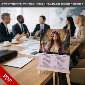 May include: A framed print on a small wooden easel, featuring an illustration of a woman with wings, holding scales. The print is labeled "63. ANAUEL" and includes text about the angel. The background shows a business meeting.