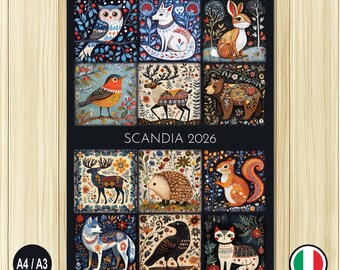 Scandia - Calendario 2026 in stile Folk Art Svedese  – Fauna Nordica Illustrata (A3/A4 – Italia)