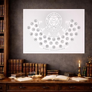 May include: A framed print with esoteric symbols and text, including "GRATIA+BONUM" and "MVNDVS INTELLIGENTIARUM". The print is displayed above a wooden desk with books, a candle, and other items, creating a scholarly aesthetic.