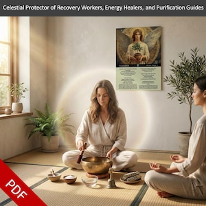 May include: An image of a woman meditating with a golden singing bowl, a small bell, and other items. A poster with an angel illustration hangs on the wall. The text at the top of the image reads: "Celestial Protector of Recovery Workers, Energy Healers, and Purification Guides."