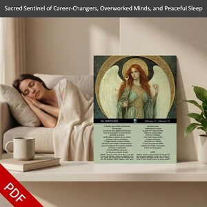 May include: A print featuring an illustration of an angel with red hair, holding a staff, and wearing a green and gold gown. The print includes text that reads "66. MANAKEL" and "February 15 - February 19."