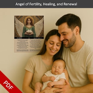 May include: A family of three, a mother, father, and baby, are smiling. Behind them is a poster with the text "Angel of Fertility, Healing, and Renewal." The poster features an illustration of an angel holding eggs.