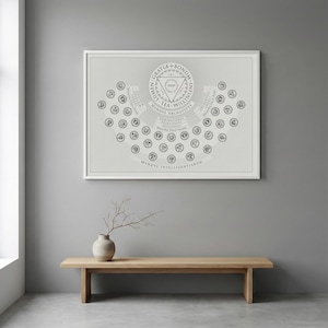 May include: A framed print with a complex design in shades of gray, featuring circular and triangular elements, and text. The print is mounted on a light gray wall above a wooden bench. A vase with a branch sits on the bench.