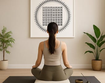 Rueda del I-Ching de 64 hexagramas • Póster de mandala meditativo enmarcado en madera • Símbolos chinos antiguos • Impresión artística de sabiduría