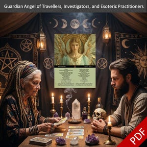 May include: An image of a tarot reading with two people seated at a wooden table. The table is adorned with candles, crystals, and a skull. A card with the text "4 ELEMIAH" is visible, along with the words "Guardian Angel of Travellers, Investigators, and Esoteric Practitioners."