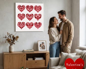 Nine Hearts Valentine Poster – Folk Art Eternal Love Print