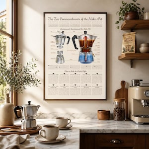 May include: A framed print titled "The Ten Commandments of the Moka Pot" hangs above a kitchen counter. The print illustrates the anatomy and function of a Moka pot and instructions for making coffee. A Moka pot and two coffee cups sit on the counter.