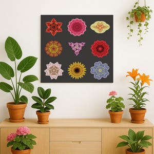 May include: A dark grey canvas print displaying nine symmetrical floral designs in various colours. The flowers, in shades of red, pink, yellow, and blue, are arranged in three rows of three. The artwork is a decorative piece.
