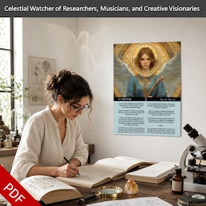 May include: A woman wearing glasses sits at a wooden desk, writing in a large book. A print of an angel with text is on the wall. The text at the top of the print reads "Celestial Watcher of Researchers, Musicians, and Creative Visionaries."