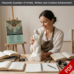 May include: A woman holding a white marble sculpture of a female form. An easel displays a poster with an angel illustration. Open books, a hammer, and writing tools are on the wooden table.