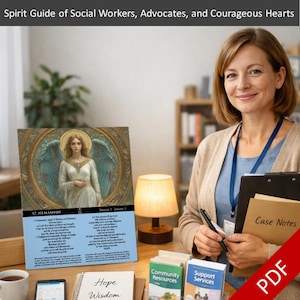 May include: A woman smiles, holding a pen and a folder labeled "Case Notes." A calendar with an angel illustration and text is on a desk, along with books and a notepad with "Hope Wisdom" written on it. The image is titled "Spirit Guide of Social Workers, Advocates, and Courageous Hearts."