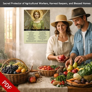 May include: A poster with the text "Sacred Protector of Agricultural Workers, Harvest Keepers, and Blessed Homes" is displayed. The poster features an illustration of an angel. A couple is shown preparing fresh produce, including grapes, tomatoes, and pears.