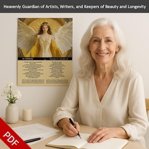 May include: A woman sits at a desk, writing in a notebook. Behind her is a framed print with an angel illustration and text that reads "54. NITHAEL" and "Heavenly Guardian of Artists, Writers, and Keepers of Beauty and Longevity". A PDF watermark is in the lower left corner.