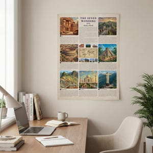 Può includere: Un poster con illustrazioni delle Sette Meraviglie del Mondo Moderno. Il poster include immagini di Petra, della Grande Muraglia Cinese, del Colosseo, di Chichen Itza, del Taj Mahal, del Cristo Redentore e una mappa del mondo.