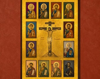 Byzantine Crucifixion and Twelve Apostles Icon Wooden Framed Poster, Greek Orthodox Sacred Wall Art