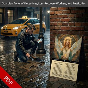 May include: An artistic print featuring a guardian angel with golden wings and a halo, holding a golden coin. The print is displayed next to a brick wall. The text "Guardian Angel of Detectives, Loss-Recovery Workers, and Restitution" is at the top.