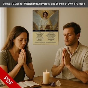 May include: A couple with hands clasped in prayer, seated at a wooden table with a lit candle, open book, and crystals. A poster on the wall features an angel illustration and text: "Celestial Guide for Missionaries, Devotees, and Seekers of Divine Purpose."