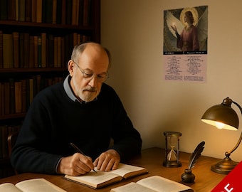 May include: A man in a black sweater and glasses writing at a wooden desk with open books. A poster of an angel hangs on the wall. A desk lamp, hourglass, and inkwell with a feather are also on the desk. The image is labeled "PDF".