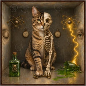 Op de afbeelding: Een digitaal kunstwerk met een cyperse kat die in het midden is gesplitst, met vacht aan de ene kant en een skelet aan de andere kant. De kat rust een poot op een metalen sleutel. Elementen zijn twee gouden atoom-symbolen, twee klokken en een fles.