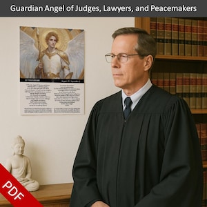 May include: A man in a black judge's robe stands in front of a bookshelf. A framed print on the wall features an angel illustration with the text "Guardian Angel of Judges, Lawyers, and Peacemakers." A small Buddha statue is in the foreground.