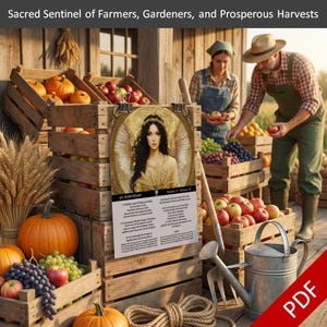 May include: A calendar with an angel illustration is displayed in front of wooden crates filled with pumpkins, apples, and grapes. The scene includes farmers, a watering can, and gardening tools, evoking a harvest theme. The text at the top reads "Sacred Sentinel of Farmers, Gardeners, and Prosperous Harvests."