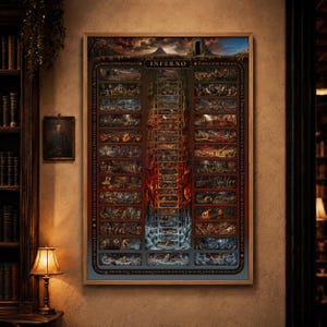 May include: A rectangular wall poster titled INFERNO, featuring a vertical central column of fiery orange and red tones surrounded by numerous small, detailed illustrations of figures in various scenes, framed in a simple wooden border.