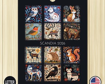 Scandia - Swedish Folk Art Animal Calendar 2026 – Nordic Illustrated Wildlife (Letter - USA)
