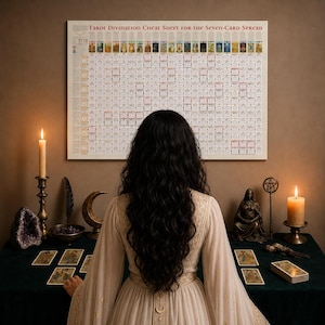 Poster con la stesa a ferro di cavallo a sette carte dei Tarocchi: schema riassuntivo degli Arcani Maggiori