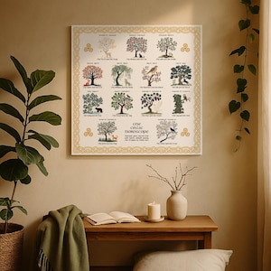 May include: A framed Celtic horoscope chart featuring 16 tree illustrations, each representing a zodiac sign. The artwork includes the text "the celtic horoscope" and is bordered with a gold Celtic knot design. The background is a neutral beige.