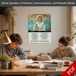 May include: A wall art print featuring an angel with blue wings, holding a golden object. The print includes text about the angel's attributes. Two people are seated at a wooden table, writing in notebooks, with books and a small plant nearby.