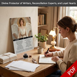 May include: A canvas print featuring an angel with white wings and a flowing white dress. The print includes text about the angel Yezalel, the Divine Protector of Writers, Reconciliation Experts, and Loyal Hearts. A woman is writing at a wooden desk.