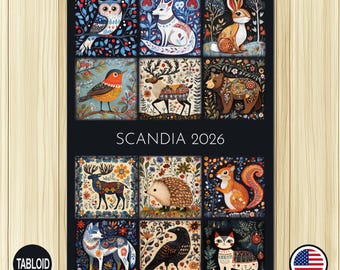 Scandia - Swedish Folk Art Animal Calendar 2026 – Nordic Illustrated Wildlife (Tabloid size 11x16.5" - USA)
