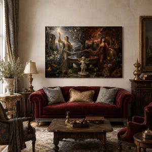 Op de afbeelding: Een grote rechthoekige wandkunstprint met een fantasie-scène met twee vrouwen aan weerszijden van een centrale boom en fontein, met een kleine cherubijnfiguur op de voorgrond, uitgevoerd in rijke, donkere en sfeervolle tinten.