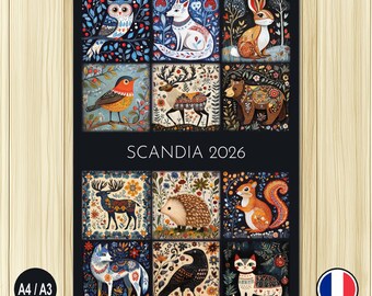 Scandia – Calendrier animalier d’art populaire suédois 2026 – Faune nordique illustrée (A4 / A3 – France)