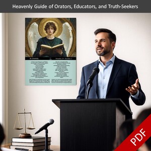 May include: A poster with the text "Heavenly Guide of Orators, Educators, and Truth-Seekers" features an illustration of an angel holding a book. The poster includes text about Daniel and a man speaking at a podium.