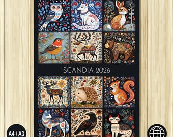 Scandia - Swedish Folk Art Animal Calendar 2026 – Nordic  (A3/A4 - EU & Rest of World)