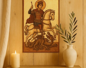 Gravura do ícone de São Jorge e o Dragão: Arte cristã bizantina medieval