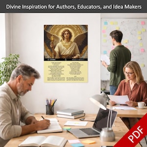 May include: A poster featuring an illustration of an angel holding a golden chalice, with text below. The poster is displayed in an office setting, with people working at desks and a whiteboard in the background. The text at the top says "Divine Inspiration for Authors, Educators, and Idea Makers."
