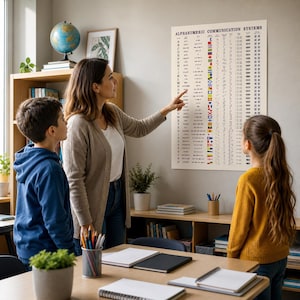 May include: A wall poster titled ALPHANUMERIC COMMUNICATION SYSTEMS featuring a detailed chart of letters, numbers, Morse code, and maritime signal flags. The off-white poster displays black text and colorful flag icons arranged in vertical columns.