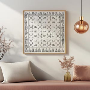 Könnte beinhalten: Ein gerahmter Druck mit einem goldfarbenen Rahmen. Der Druck zeigt ein Raster aus Zahlen und Symbolen, umgeben von Illustrationen von Figuren. Das Kunstwerk wird an einer weißen Wand über einem rosa Sofa ausgestellt.