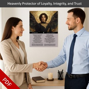 May include: A framed print with the text "Heavenly Protector of Loyalty, Integrity, and Trust" at the top. The print features an illustration of an angel with text below. Two people are shaking hands in front of the print.