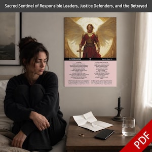 May include: A framed artwork featuring an angel with a sword, set against a golden backdrop. The artwork is titled "Sacred Sentinel of Responsible Leaders, Justice Defenders, and the Betrayed." A woman sits in front of the artwork.