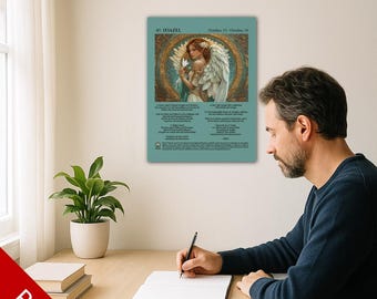 May include: A teal-colored print featuring an angel illustration with the text "40 IEIAZEL" and "October 15 - October 19". The print is hanging on a wall. A man is sitting at a desk, writing in a notebook. A small plant in a white pot is on the desk.