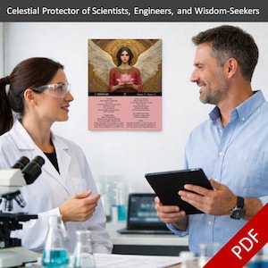 May include: A pink poster with the text "Celestial Protector of Scientists, Engineers, and Wisdom-Seekers" and an illustration of an angel holding a lotus flower. The poster is displayed in a laboratory setting.
