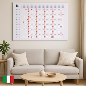 May include: A large white wall calendar with red circular markers and the word "TIME" spelled out in red dots. The calendar is above a beige sofa with two throw pillows. A small wooden table holds a plant, and a round coffee table has a vase and bowl.